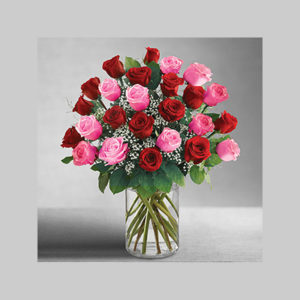 Pink & Red Roses in a Glass Vase