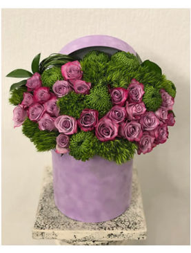 Purple and Green Arrangement in a Hat Box