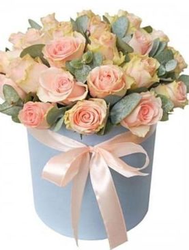 Pink Roses With Eucalyptus Hat Box