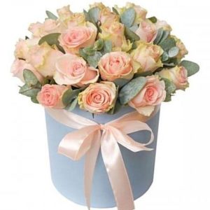 Pink Roses With Eucalyptus Hat Box