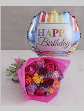 Mixed Roses and Birthday Balloon