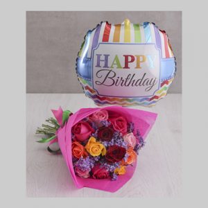 Mixed Roses and Birthday Balloon
